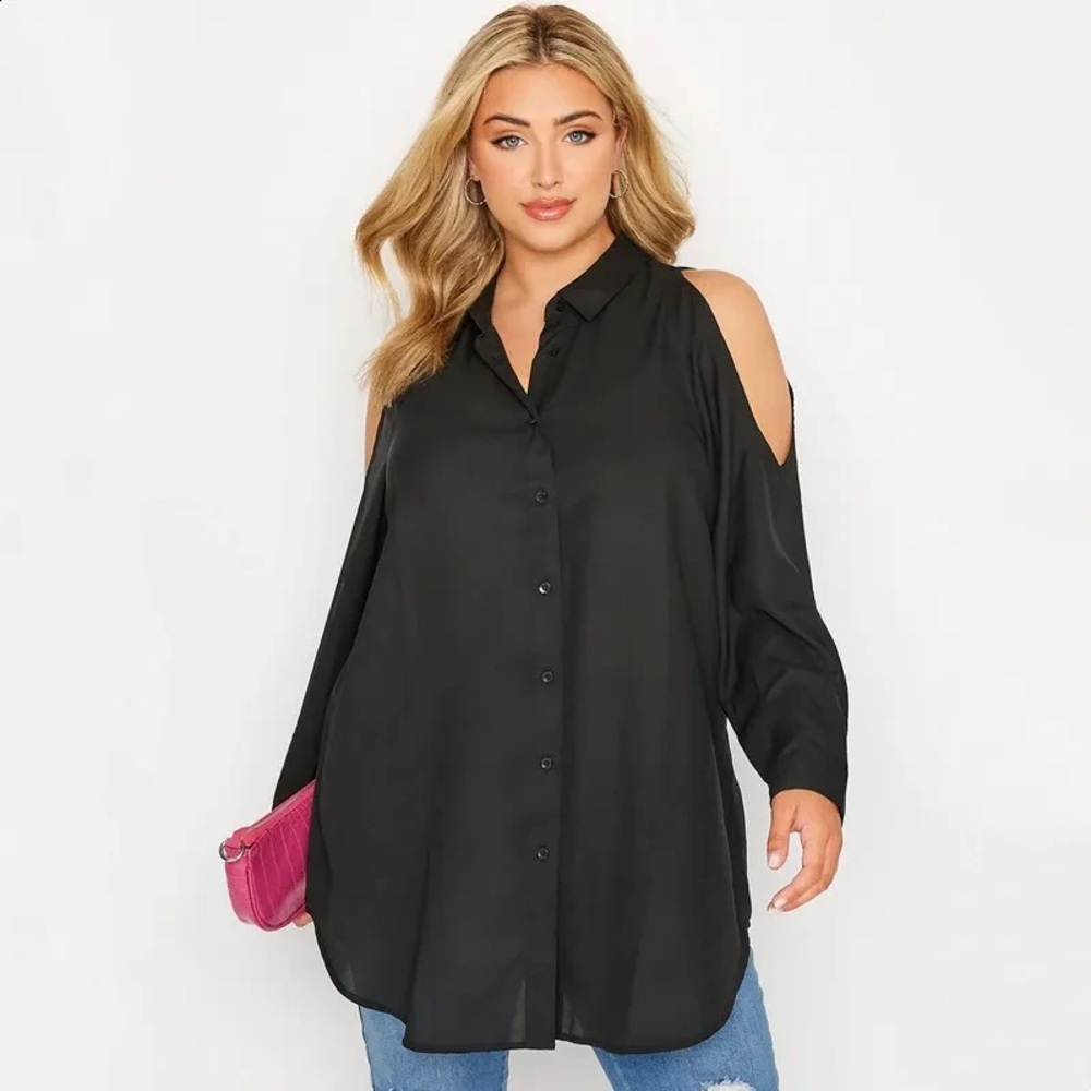 Maurices Black Oversized Button Down Shirt with Mandarin Collar 1 Plus Size